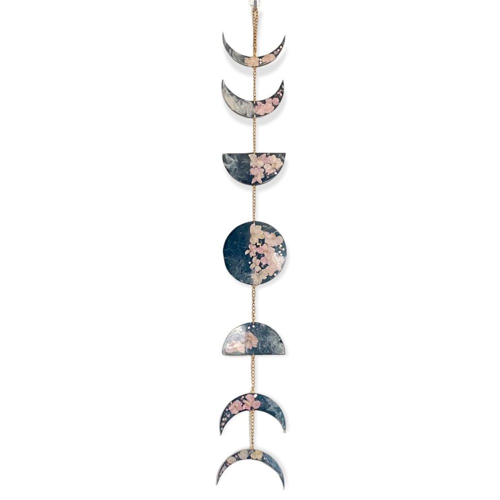 Handmade Resin Floral and Real Rose Quartz Moon Phase Wall Hanging Home Decor